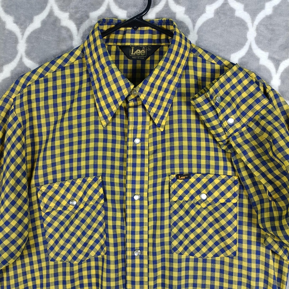 VTG Lee Western Shirt Men Large Blue Yellow Gingham Snap Long Point Rockabilly